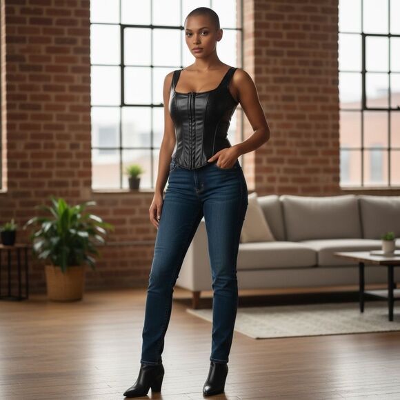 Gothic Black Faux Leather Corset Size Small Crop Top Bustier Boned Hook Closure - Picture 1 of 14